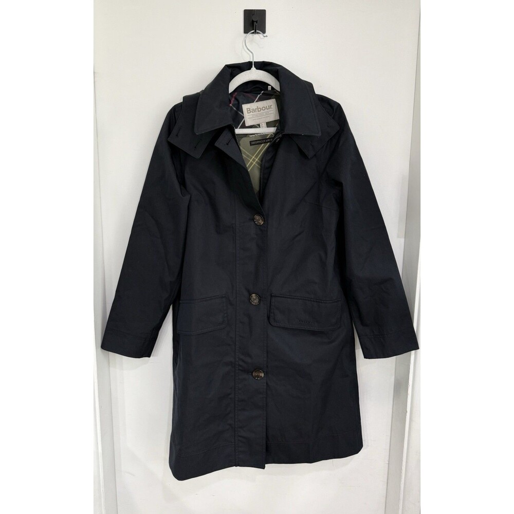 Barbour Women’s Blue Hebrides Longline Waterproof Jacket Removable Hood Size 4